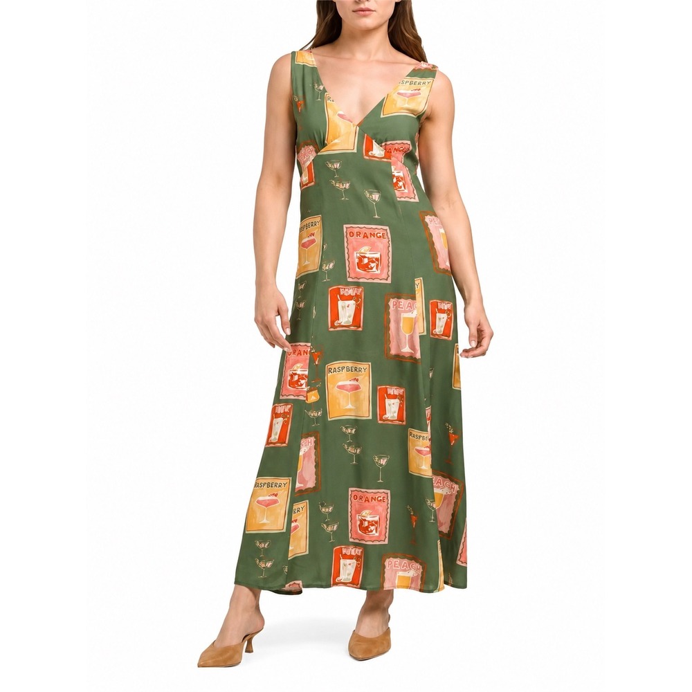 Paper Heart Martini Maxi Dress Green Orange Cocktail Print V-Neck Sleeveless S